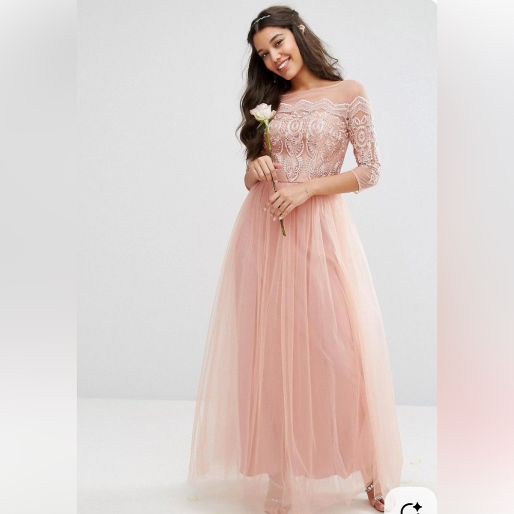 NWT Chi Chi London Blush Pink Lace Tulle Maxi Dress. 
Sz Us 8. Bridesmaid/Formal